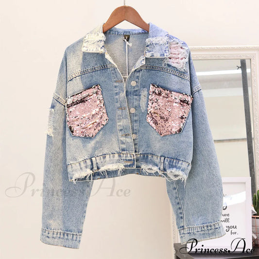 Pink Shiny Sequin Denim Jacket