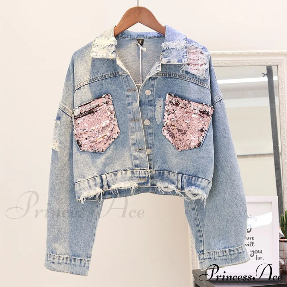 Pink Shiny Sequin Denim Jacket Photo Color / S