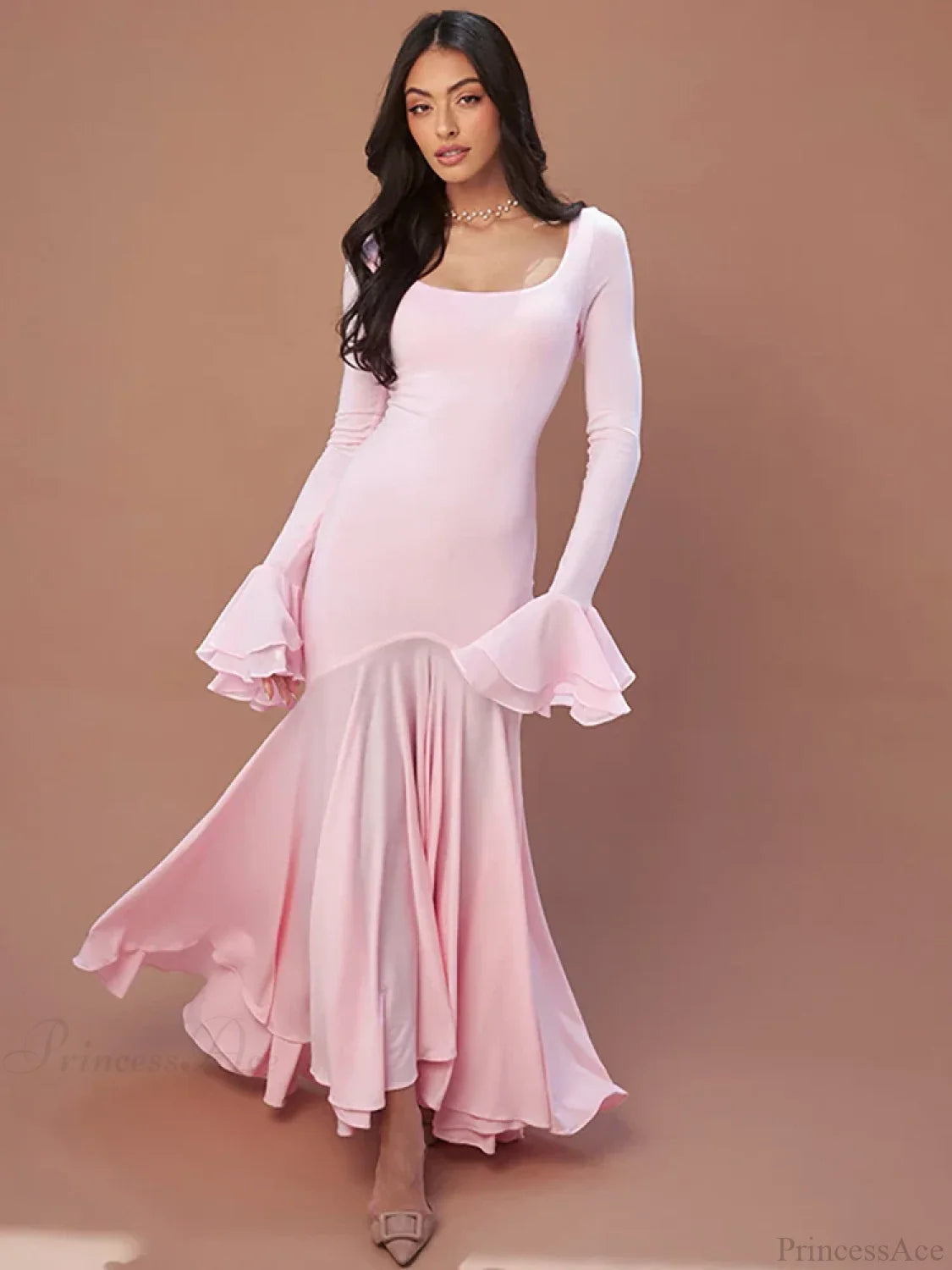 Pink Square Collar Maxi Vacation Dress Pink / S vacationdress-250223