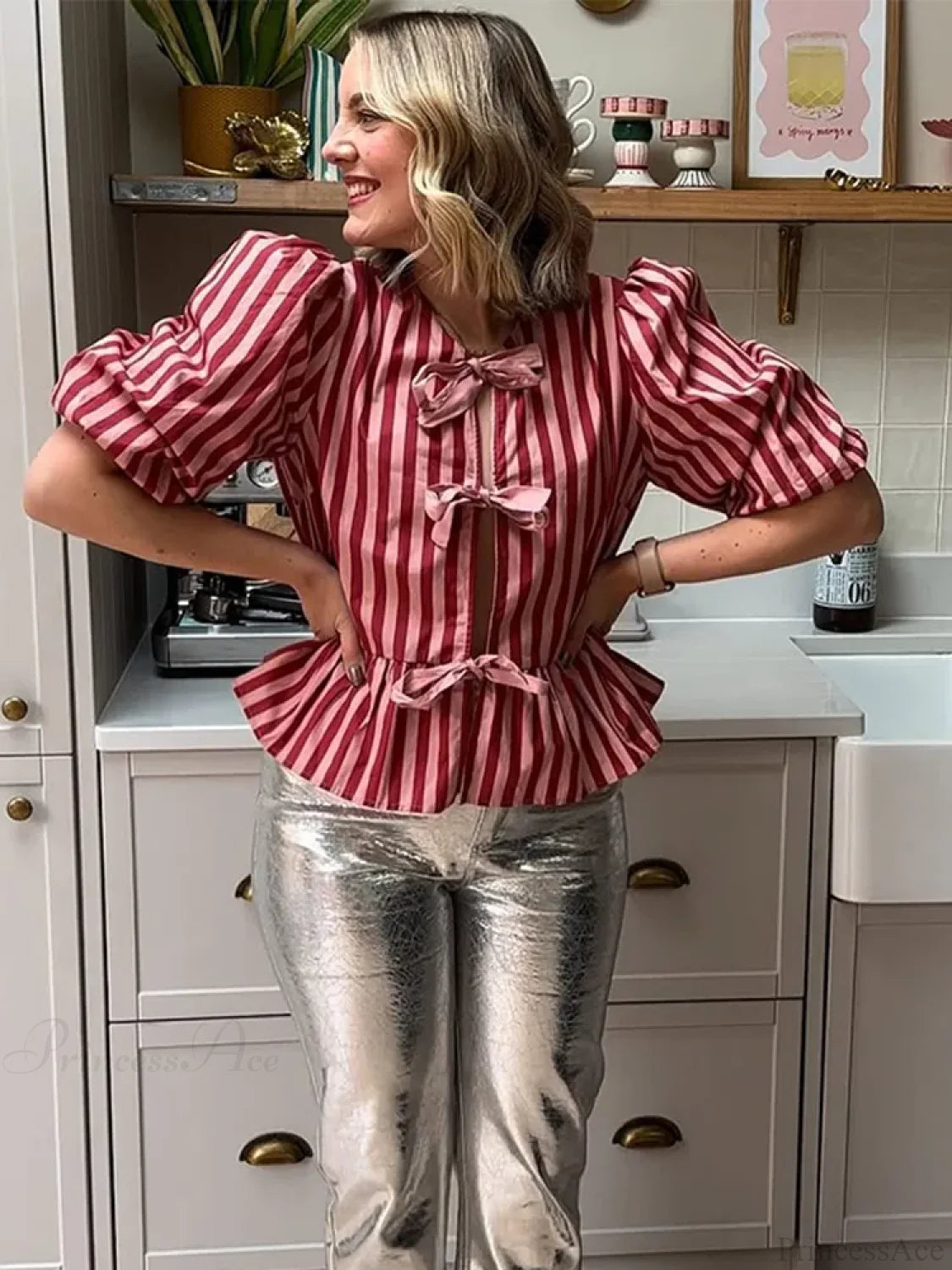 Pink Stripe Bow Lace Up Short Blouse blouse-250223