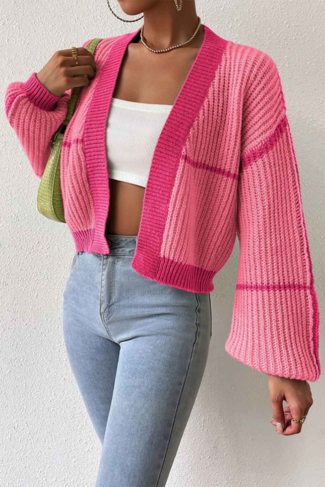 Patchwork Knit Long Sleeve Open-Front Cardigan