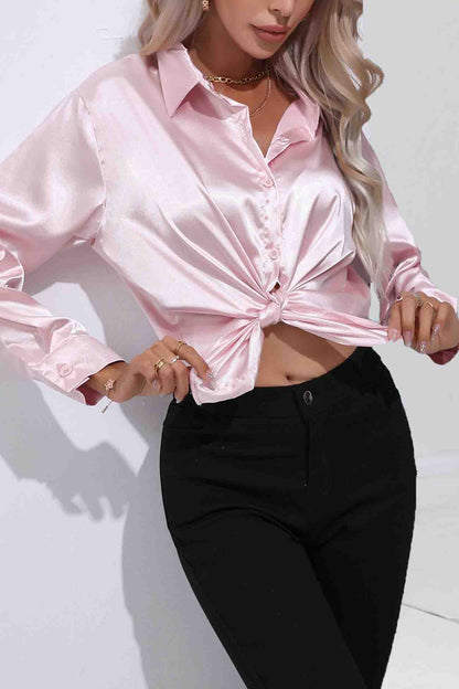 Satin Button Up Blouse with Lapel