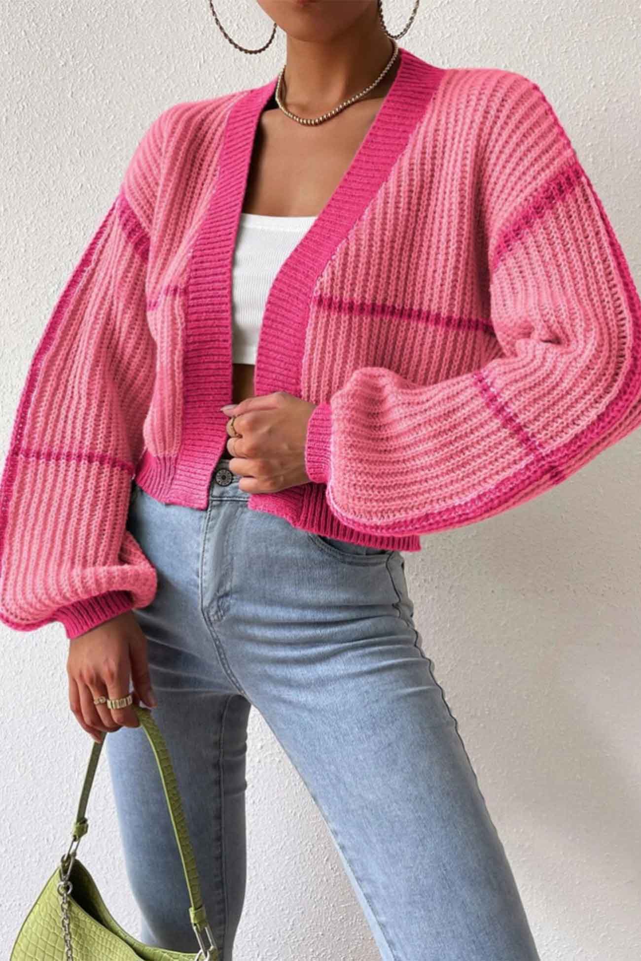 Patchwork Knit Long Sleeve Open-Front Cardigan