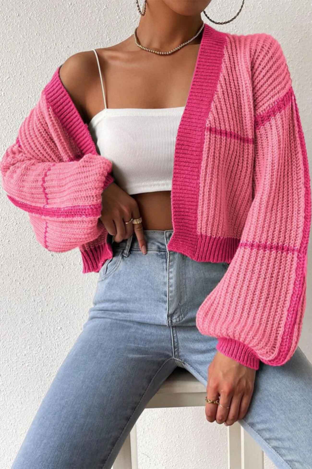 Patchwork Knit Long Sleeve Open-Front Cardigan