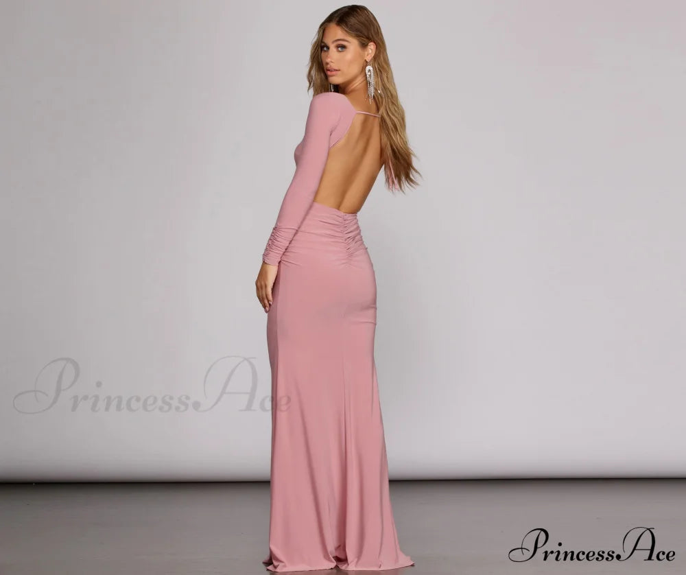 Piper Ruched Stylish Open Back Gown Mauve / S S.o. Long Dresses