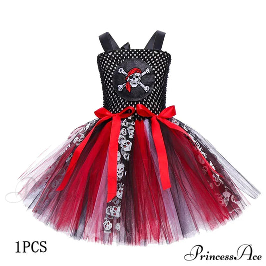 Pirate Caribbean Halloween Gothic Carnival Cosplay Tutu Kid Costume S (2-3Y) / Black-Red