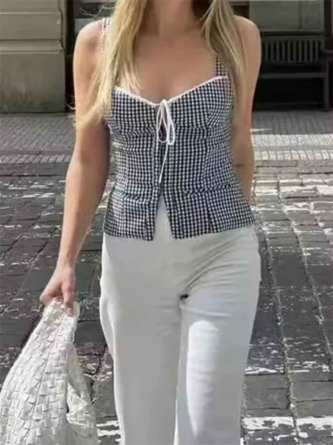 Plaid Backless Tie-up Front Split Tank Crop Top croptop-250126