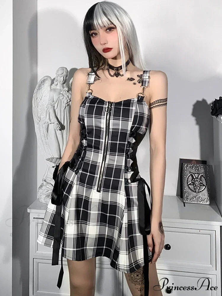 Plaid Bandage Vintage Punk Aesthetic Zipper A-Line Harajuku Fashion Sleeveless Y2K Dress Halloween