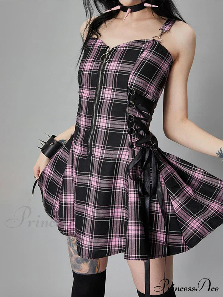 Plaid Bandage Vintage Punk Aesthetic Zipper A-Line Harajuku Fashion Sleeveless Y2K Dress Halloween