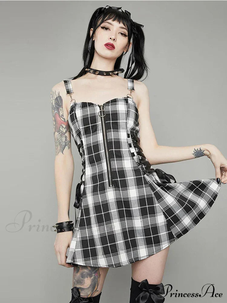 Plaid Bandage Vintage Punk Aesthetic Zipper A-Line Harajuku Fashion Sleeveless Y2K Dress Halloween