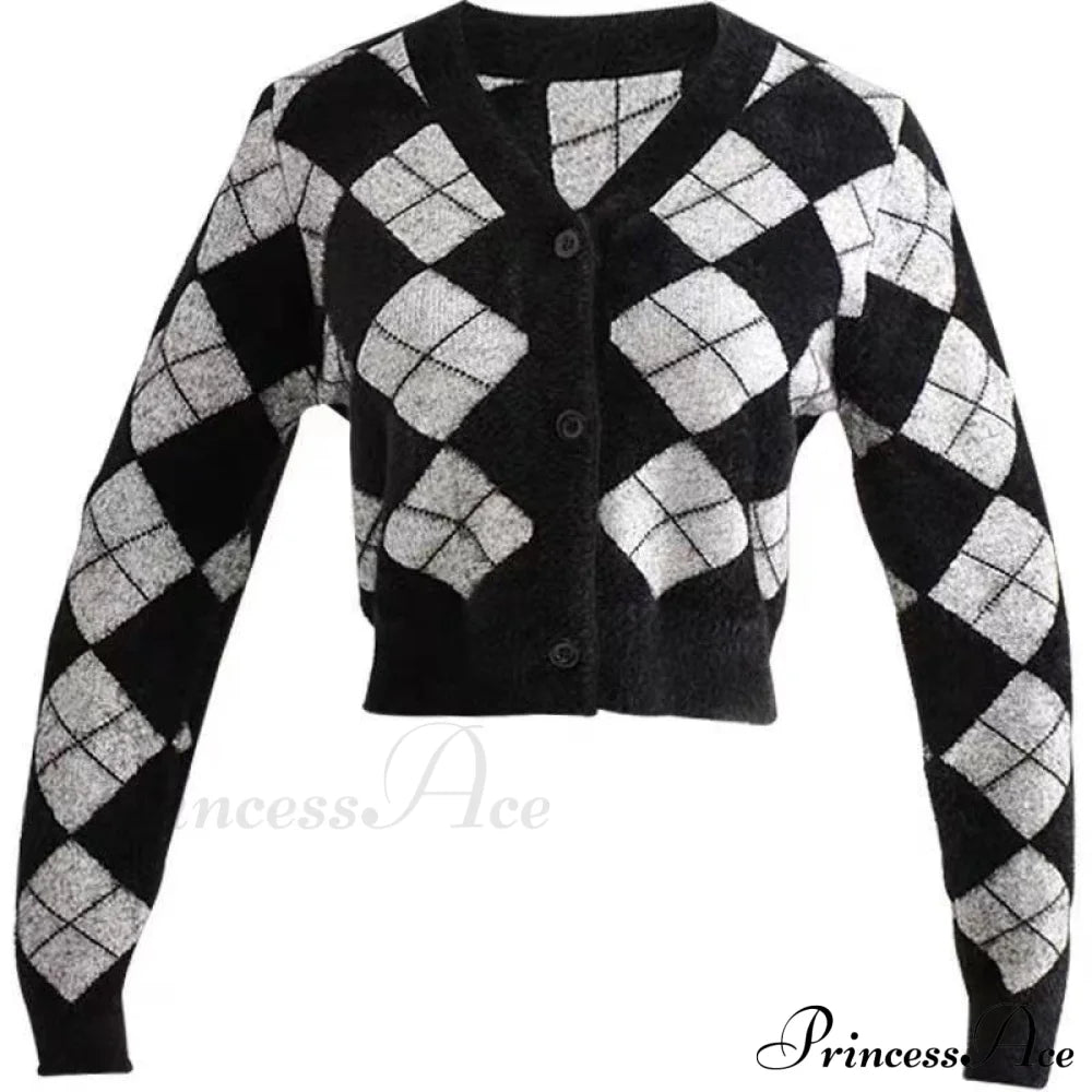 Plaid Black White Knitted Cardigan