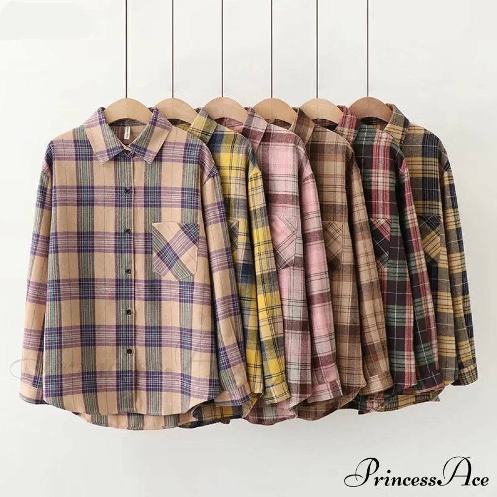 Plaid Blouse - Cotton One Long Oversized And Casual With Women’s Sleeves Fit Pocket