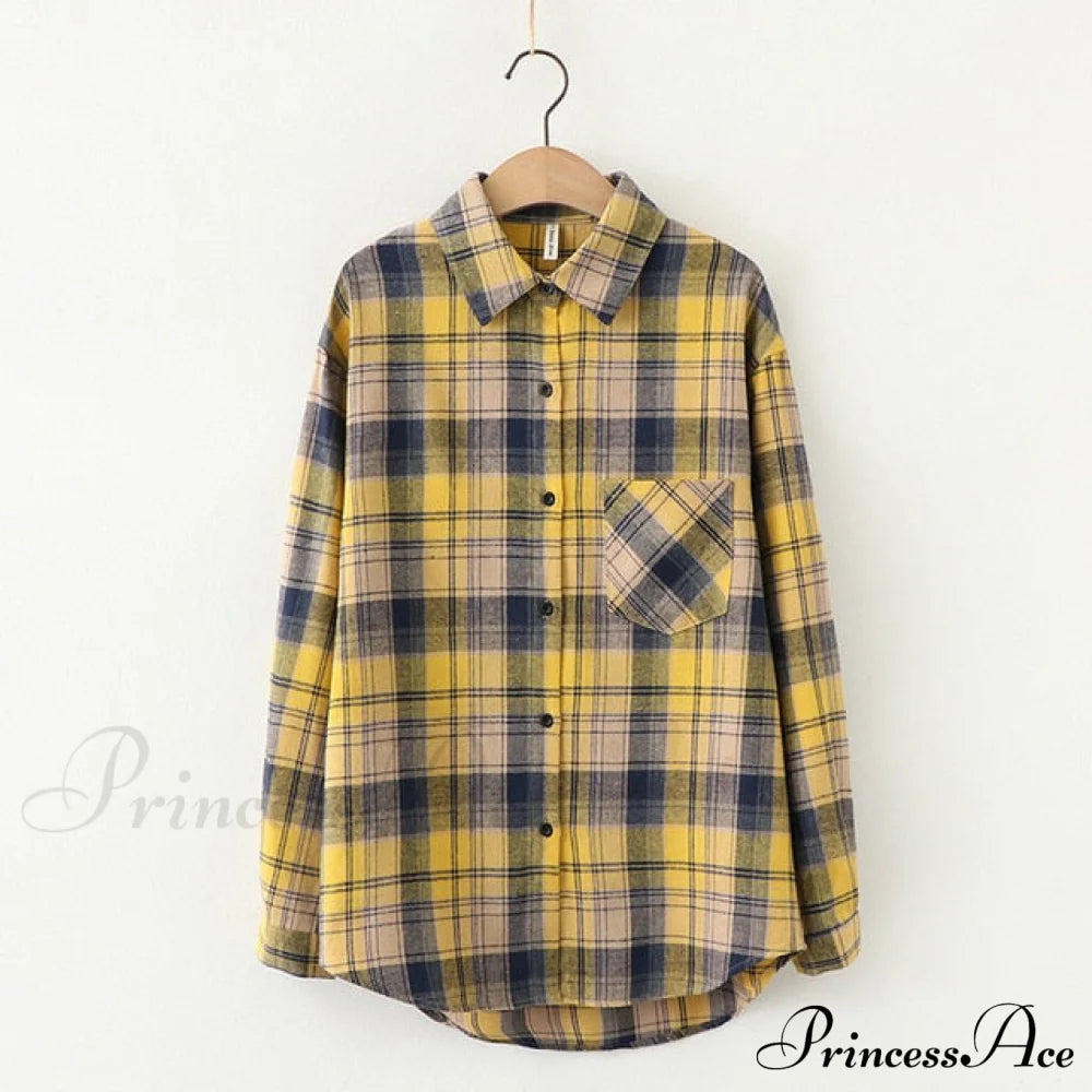 Plaid Blouse - Cotton One Long Oversized And Casual With Women’s Sleeves Fit Pocket L / 3
