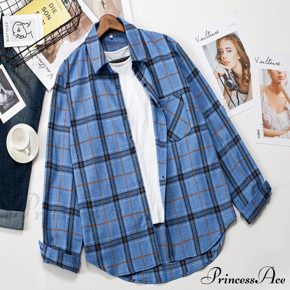 Plaid Blouse - Cotton One Long Oversized And Casual With Women’s Sleeves Fit Pocket L / 8