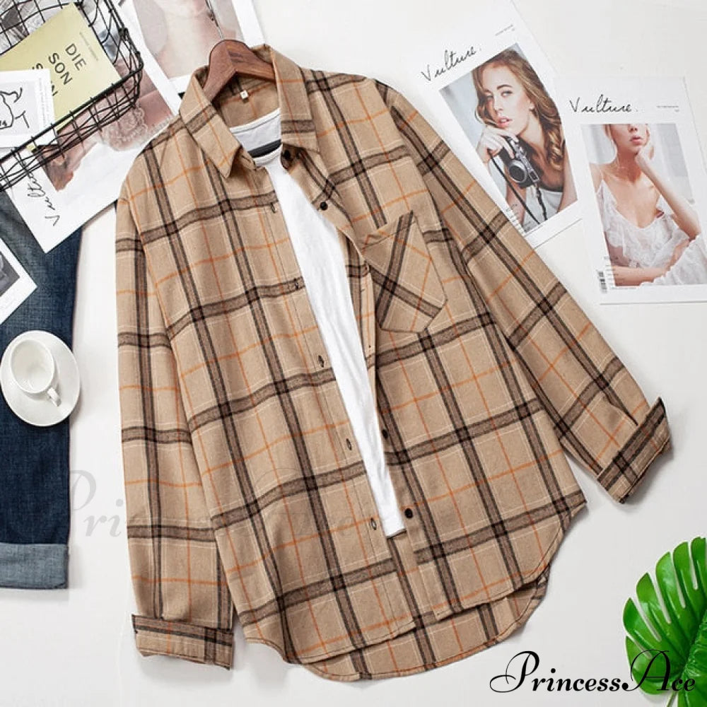 Plaid Blouse - Cotton One Long Oversized And Casual With Women’s Sleeves Fit Pocket Xl / 9