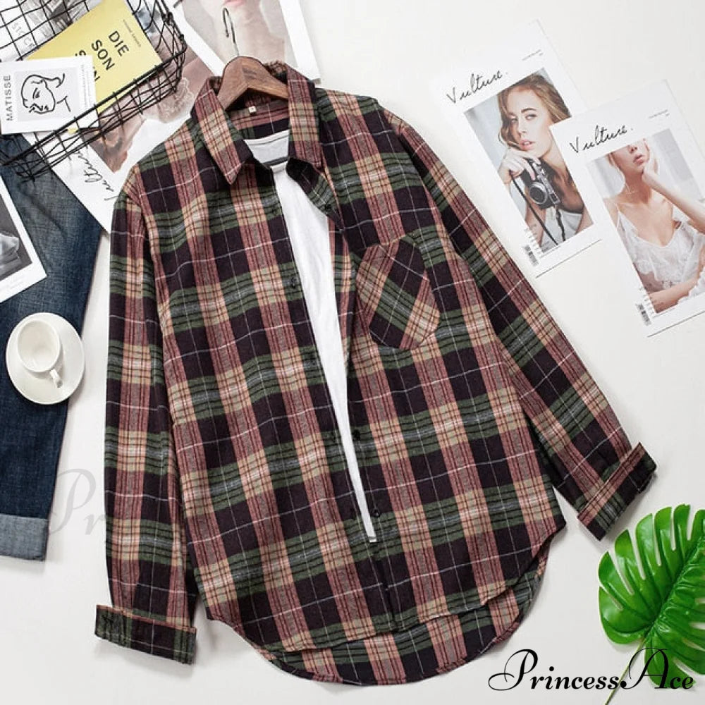 Plaid Blouse - Cotton One Long Oversized And Casual With Women’s Sleeves Fit Pocket Xxl / 5