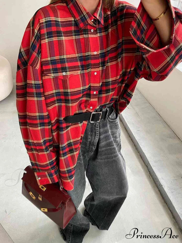 Plaid Blouse Drop With Shoulder Clothes