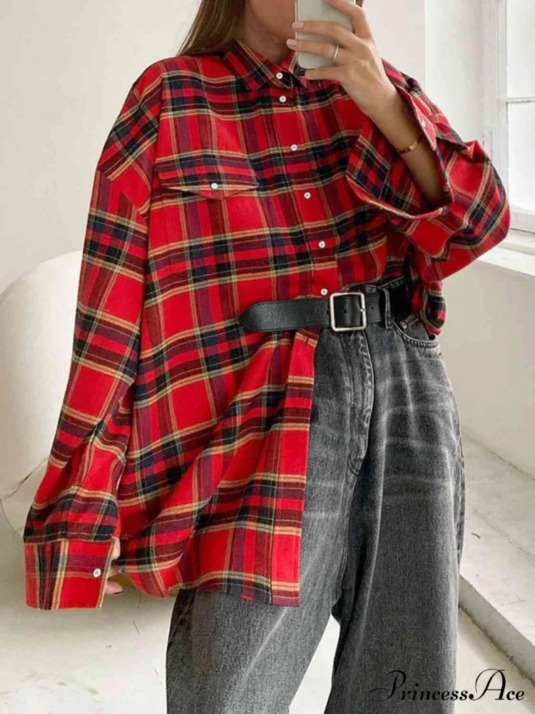 Drop Shoulder Plaid Shirt Deep Red clothes long sleeve shirts long sleeve top long sleeve tops Q@S Ship From Overseas shirt shirts top tops