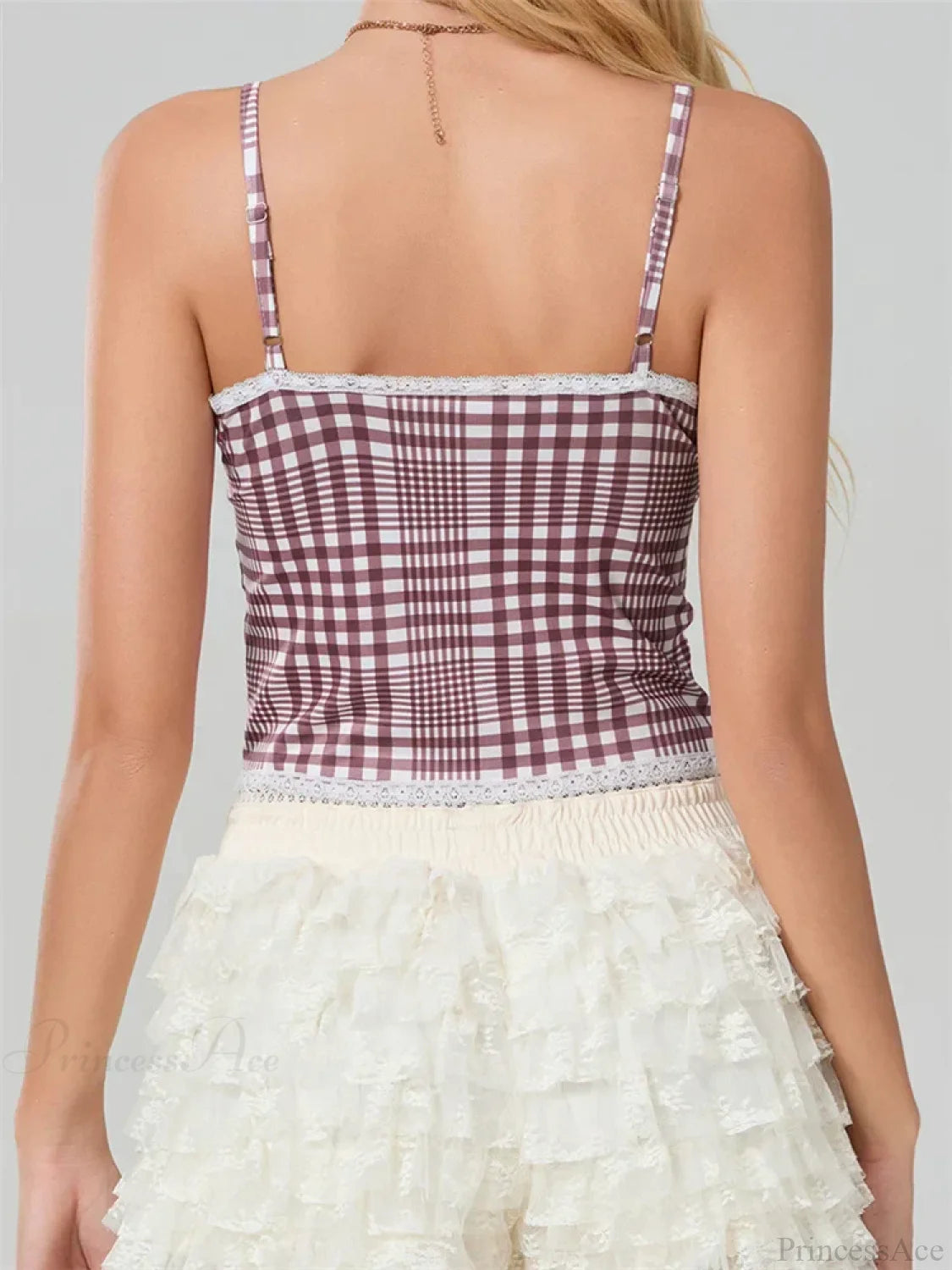 Plaid Bow Lace Trim Square Neck Crop Top croptop-250126