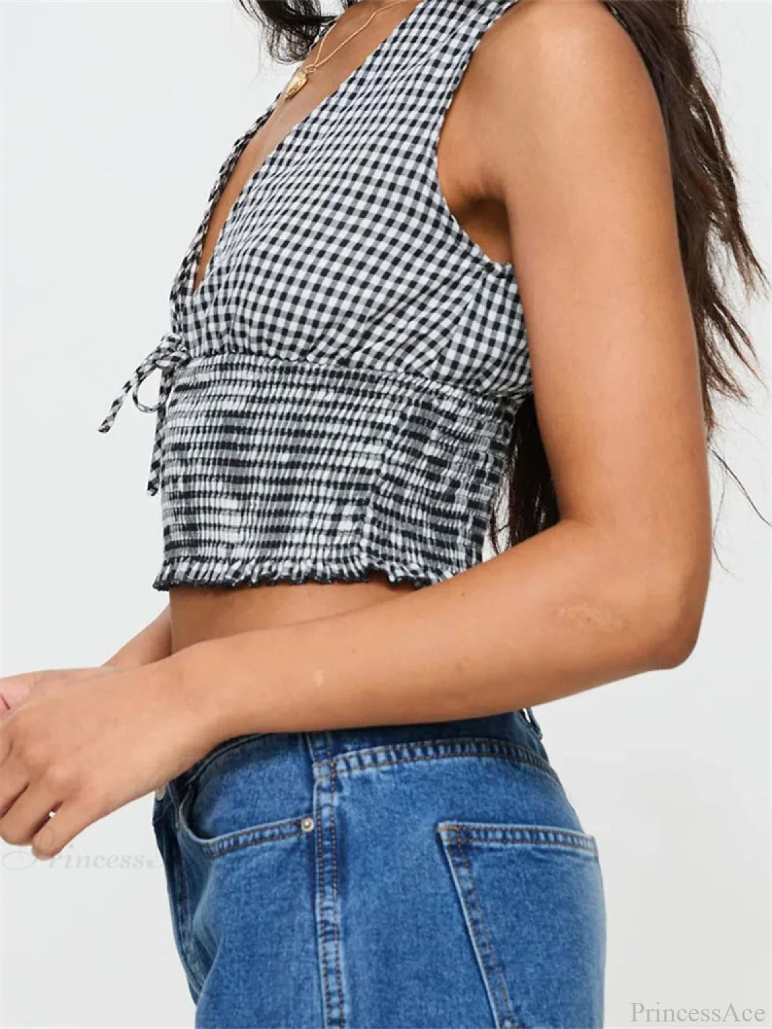 Plaid Bow Ruffle Hem Deep V-neck Crop Top croptop-250126