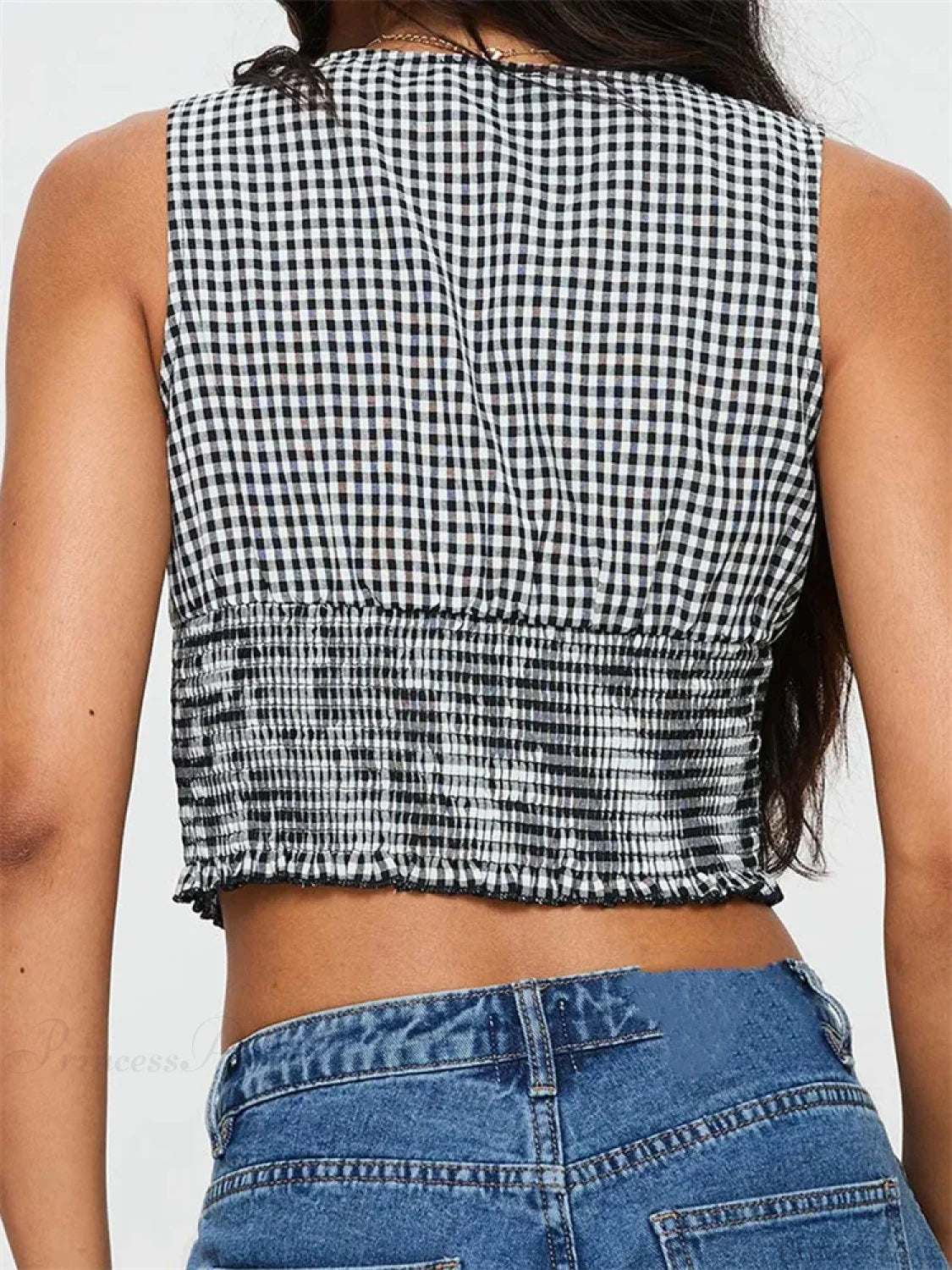 Plaid Bow Ruffle Hem Deep V-neck Crop Top croptop-250126