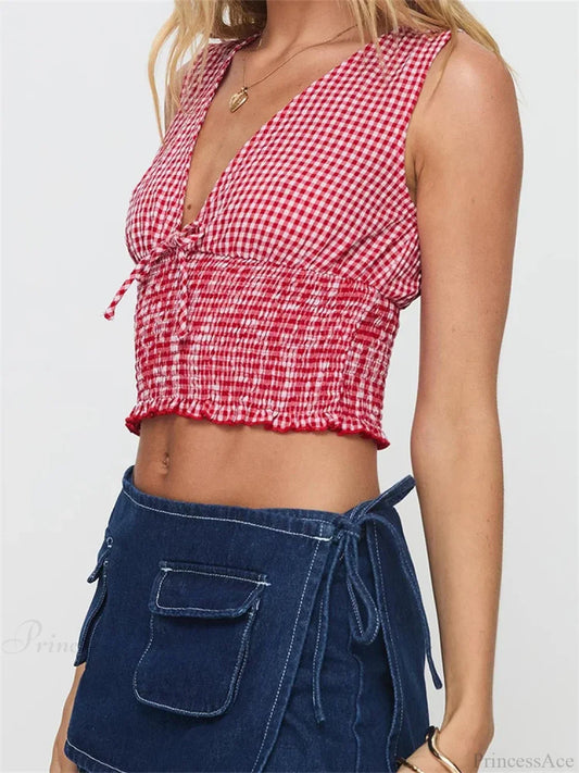 Plaid Bow Ruffle Hem Deep V-neck Crop Top croptop-250126
