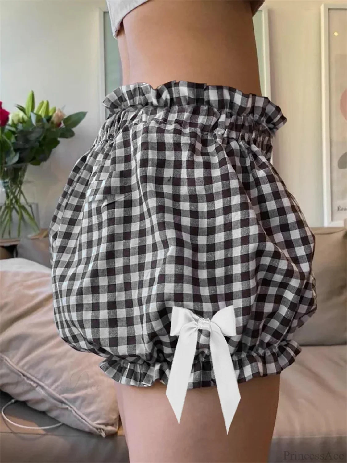 Plaid Bowknot Loose Bloomer Short short-250223
