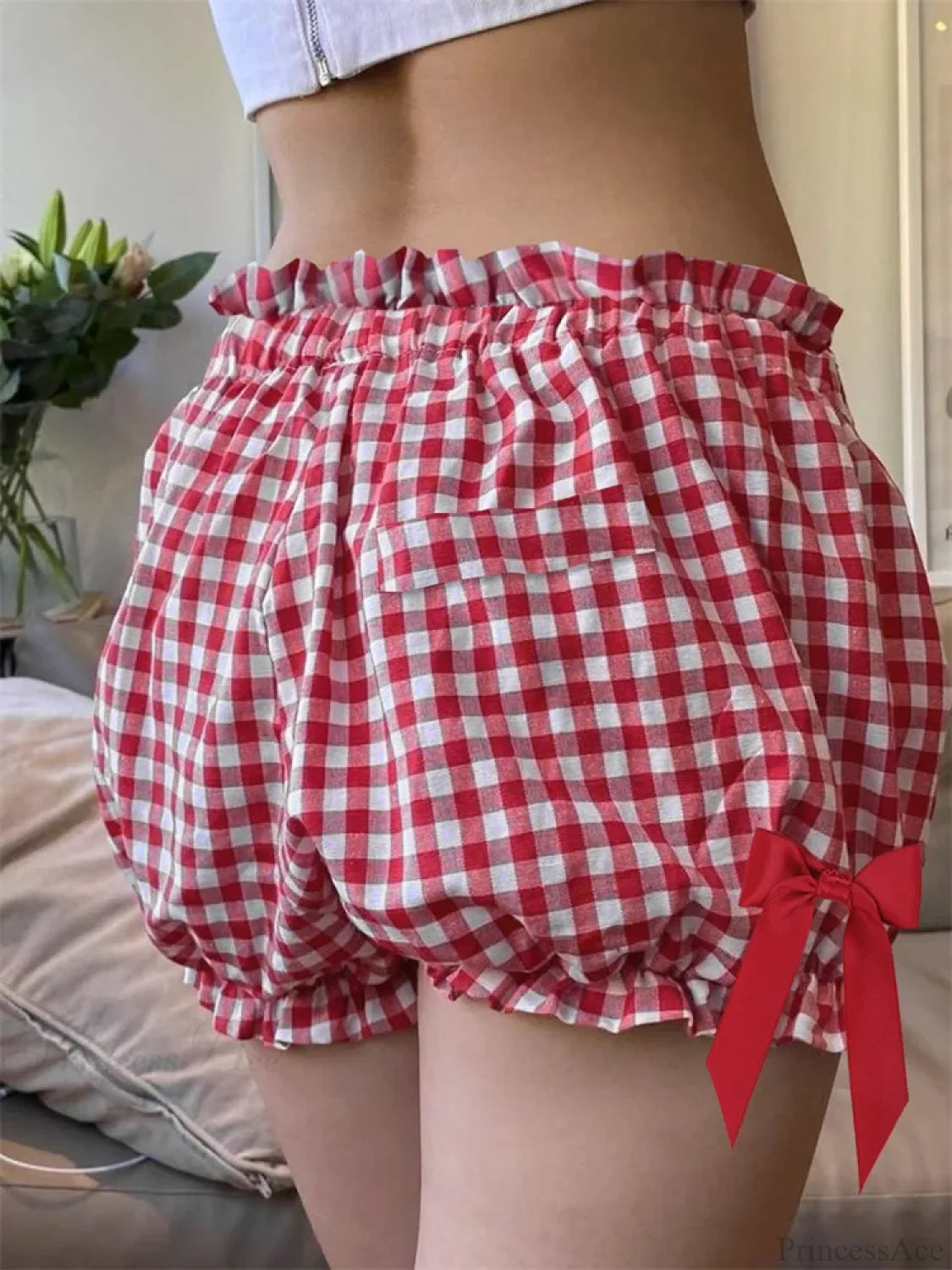 Plaid Bowknot Loose Bloomer Short short-250223