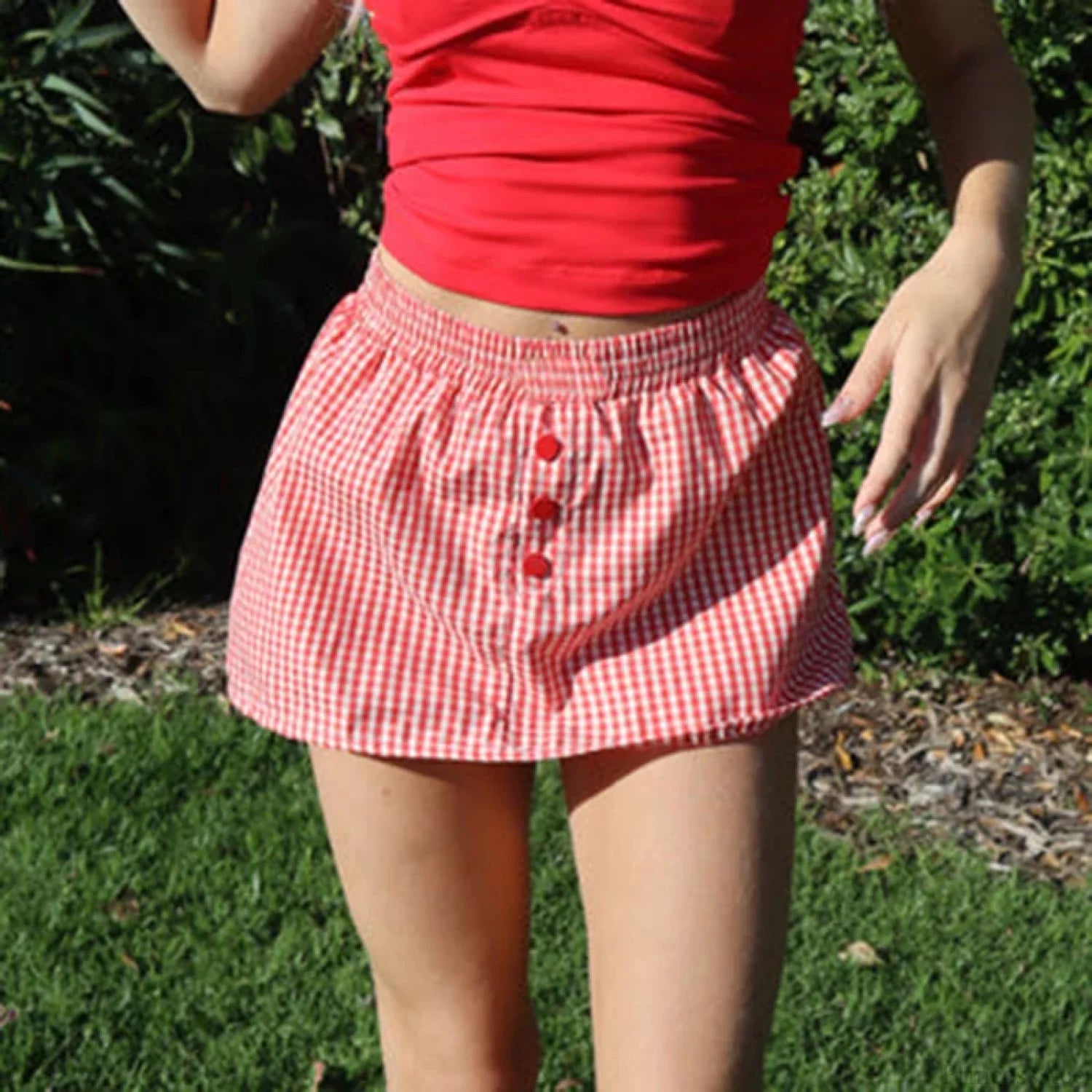 Plaid Button Decro A-Line Skirt Red / S skirts-250223