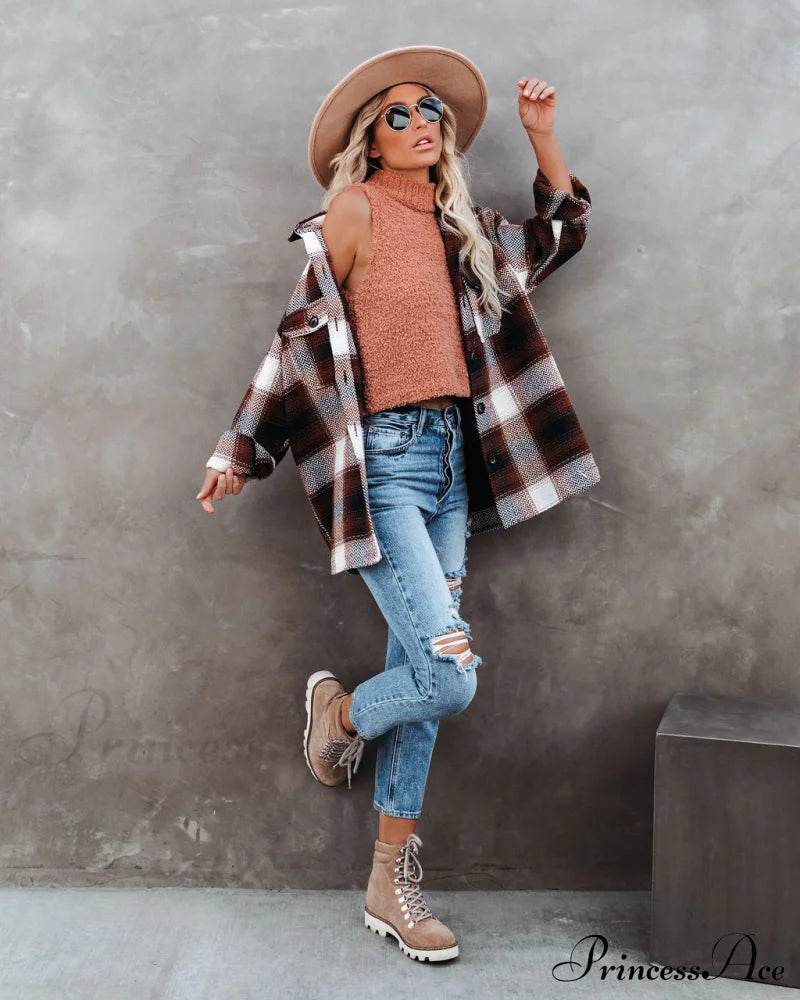 Plaid Button Down Wool Blend Shacket Coats-L