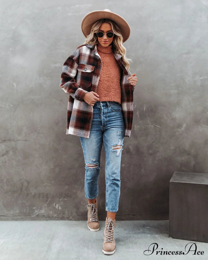 Plaid Button Down Wool Blend Shacket Coats-L