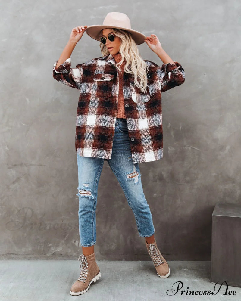 Plaid Button Down Wool Blend Shacket Coats-L