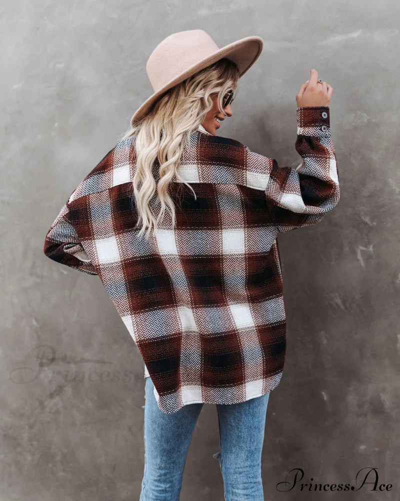 Plaid Button Down Wool Blend Shacket Coats-L