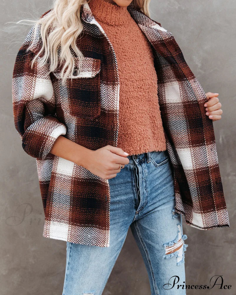 Plaid Button Down Wool Blend Shacket Coats-L