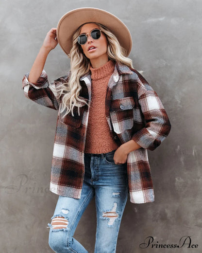 Plaid Button Down Wool Blend Shacket Coats-L