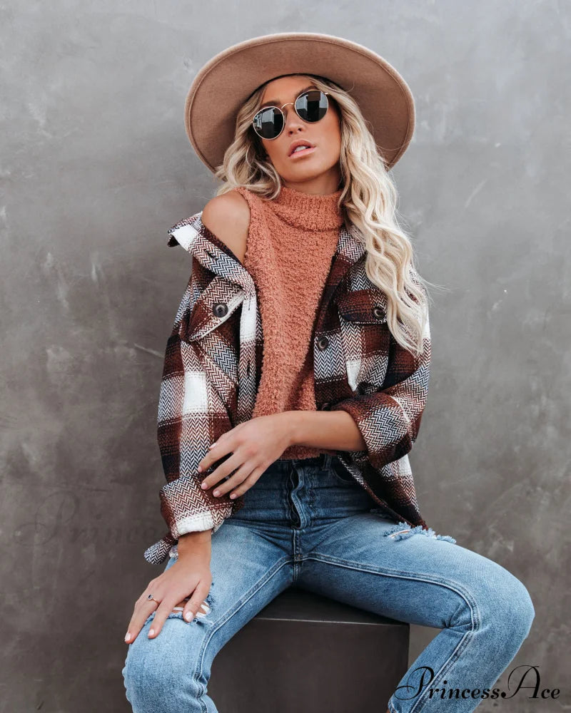 Plaid Button Down Wool Blend Shacket Coats-L