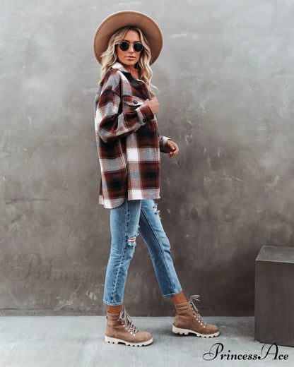 Plaid Button Down Wool Blend Shacket Coats-L