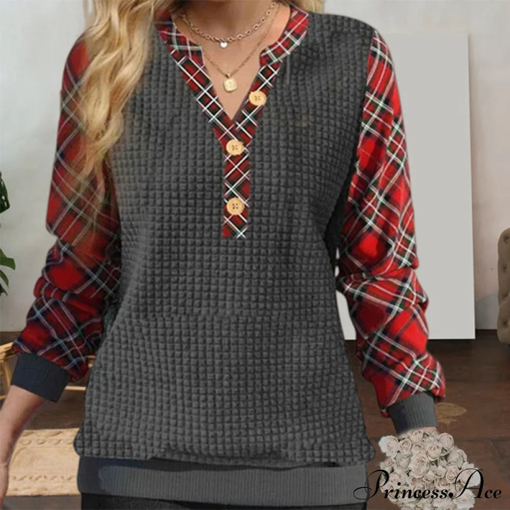 Plaid Patchwork Casual Sweatshirt Dark Gray best Best Sellings clothes Plus Size Sale tops Topseller