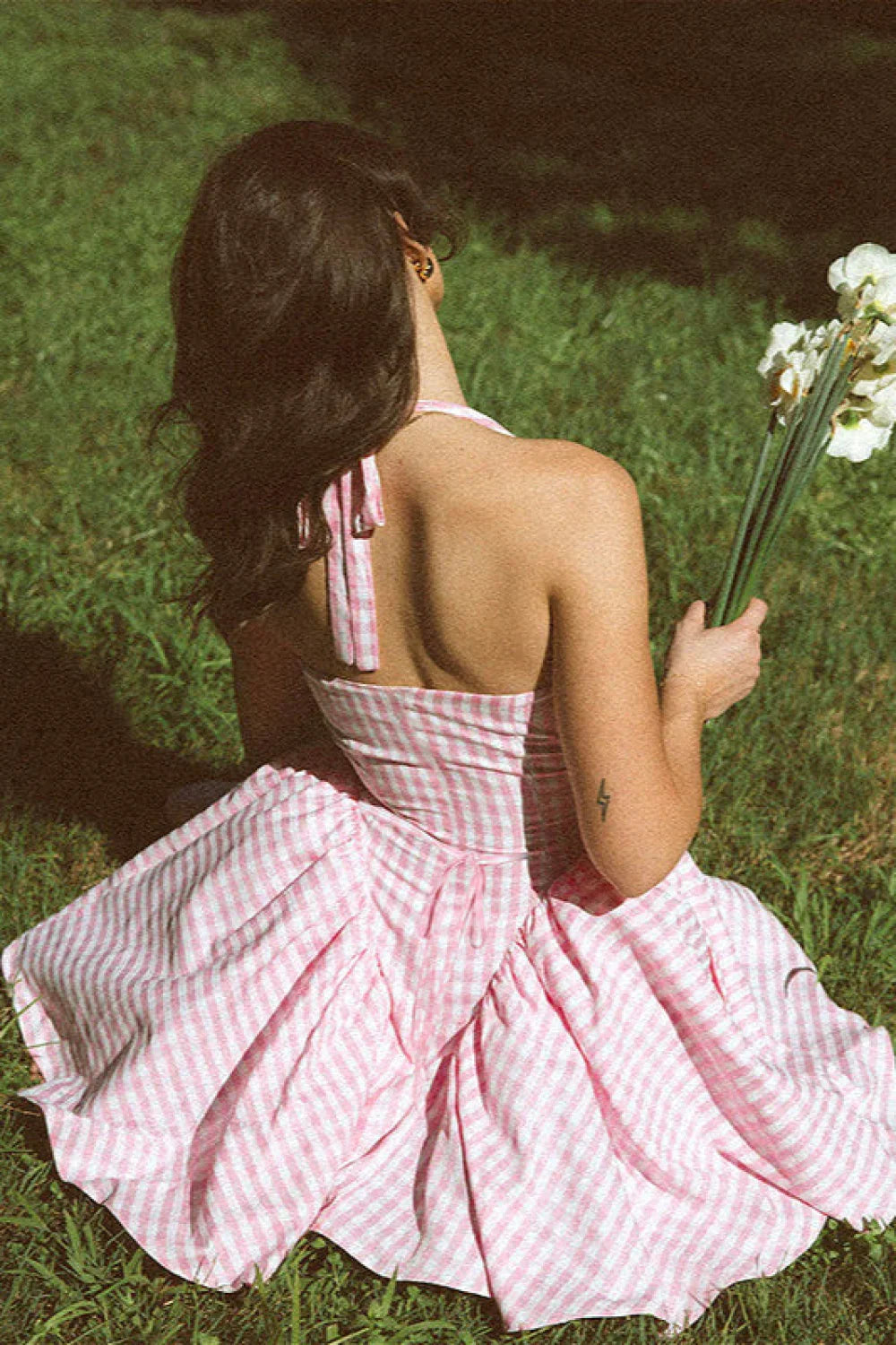 Plaid Color Block Halter Deep V Ruched Mini Dress