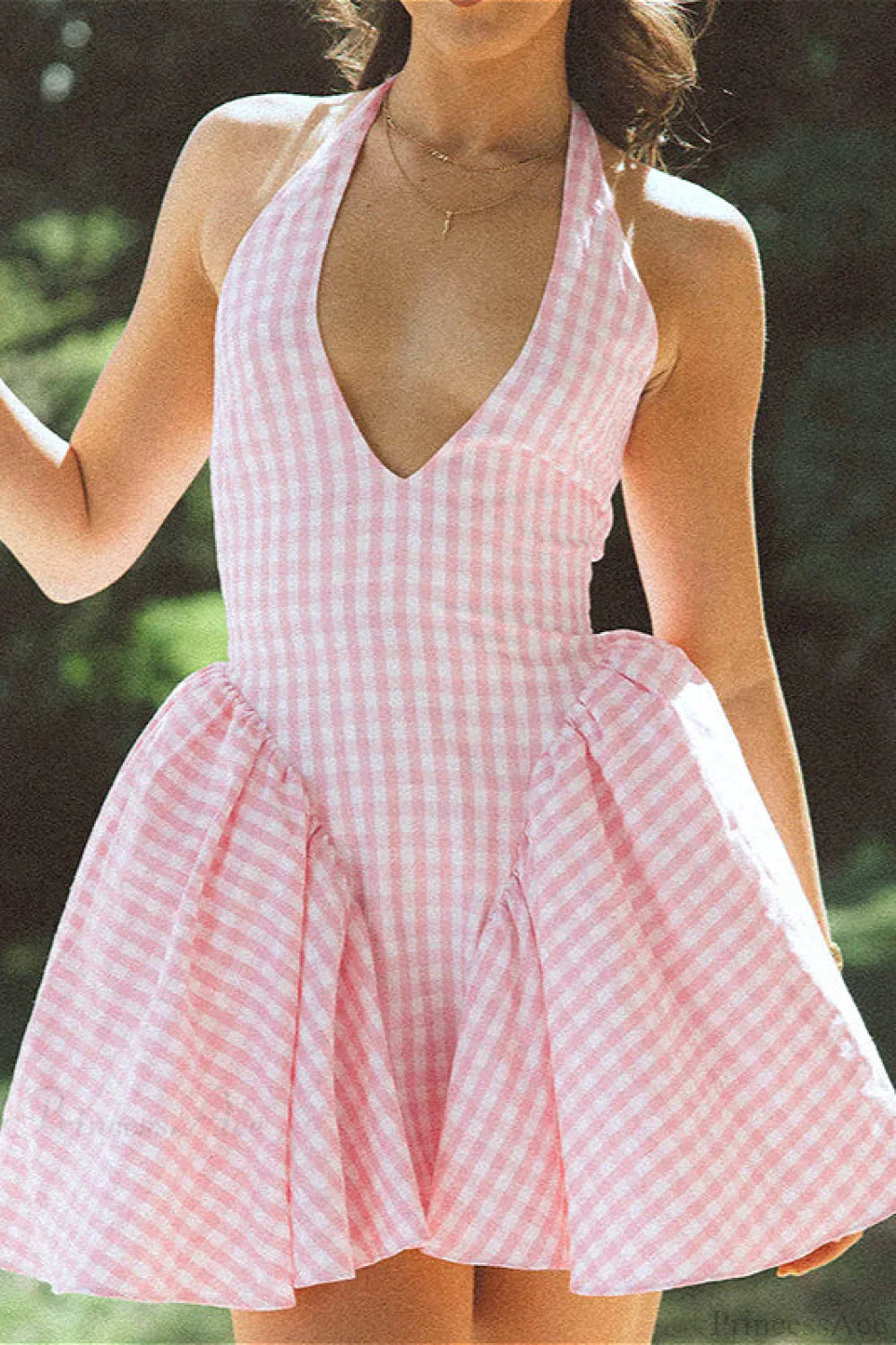 Plaid Color Block Halter Deep V Ruched Mini Dress Pink / S