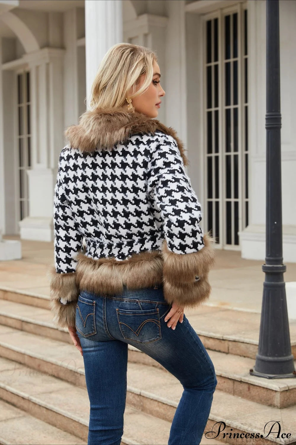 Plaid Detachable Fur Collar Short Coat