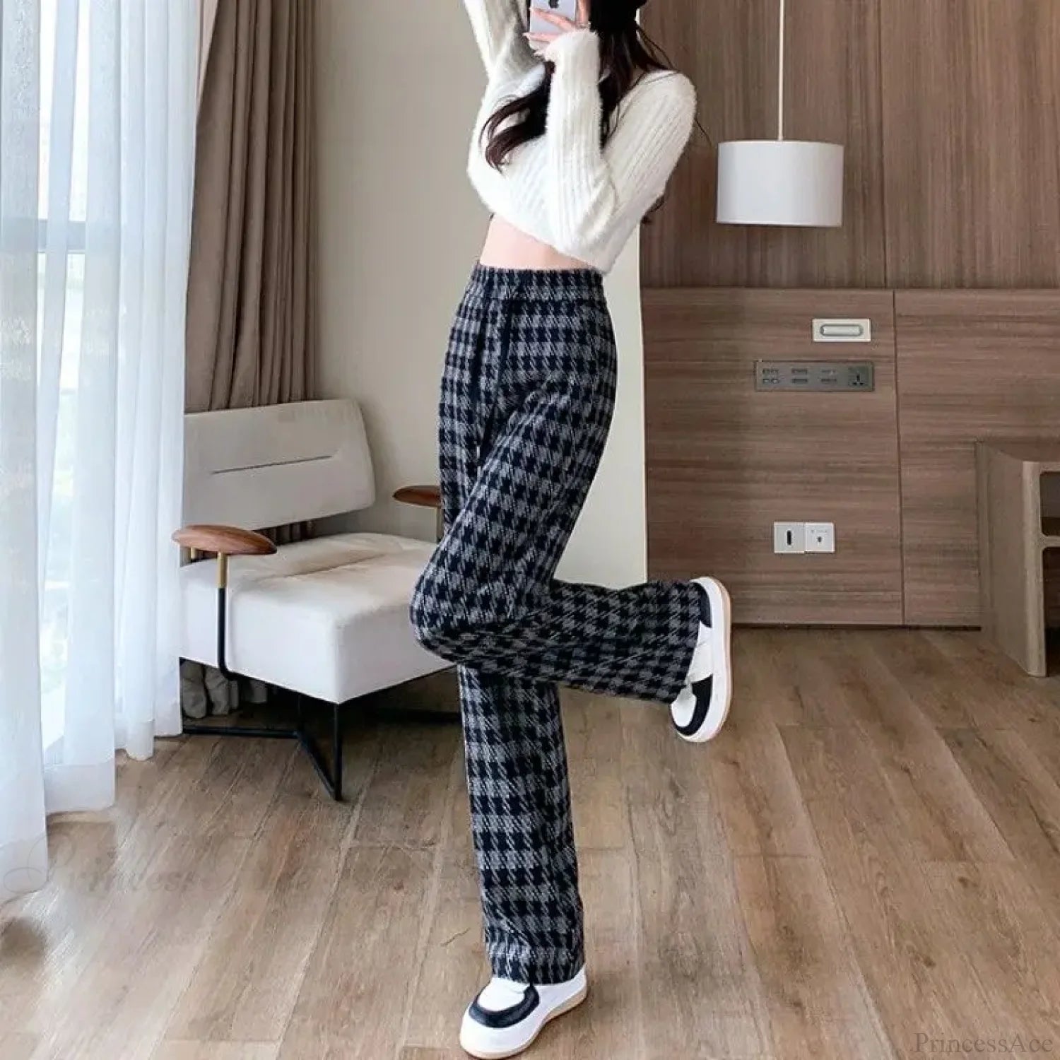 Plaid Drawstring Casual Wide Leg Pants