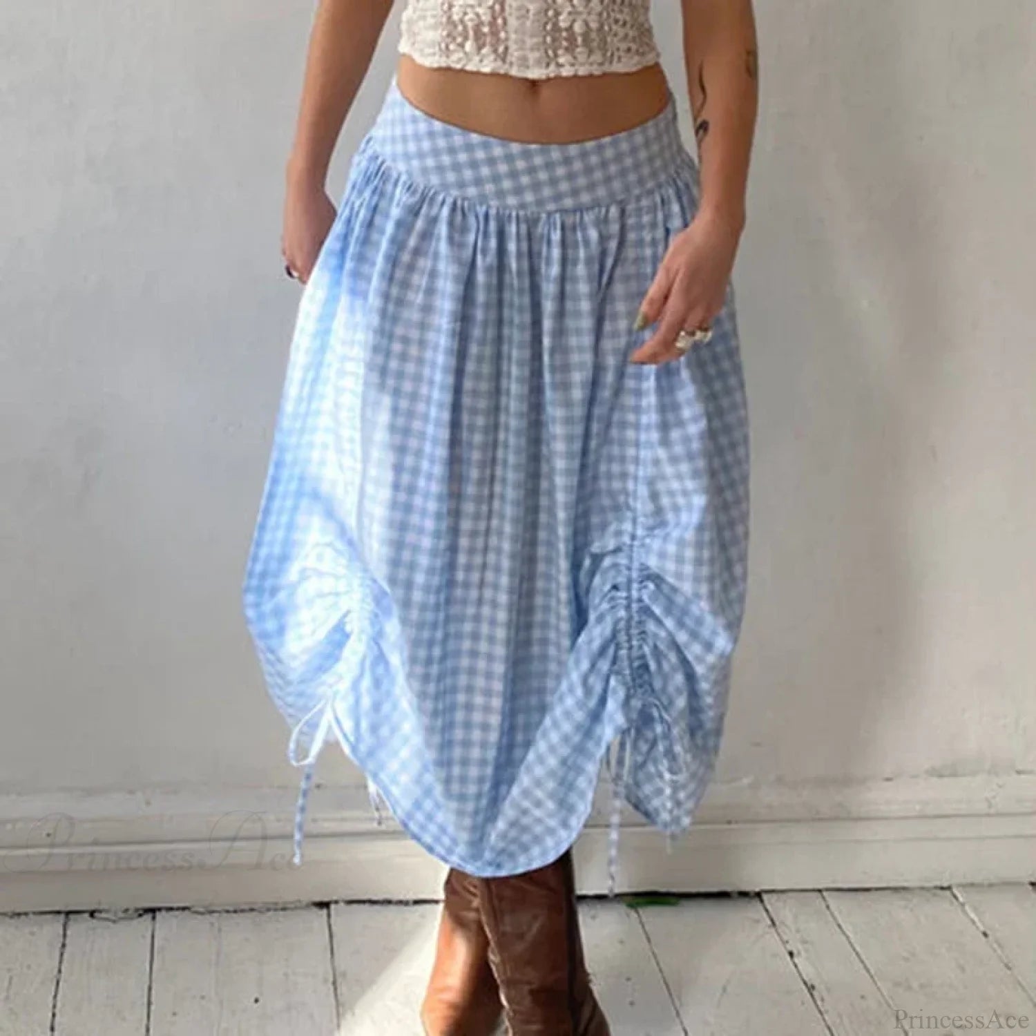 Plaid Drawstring Maxi Skirt Blue / S skirts-250223