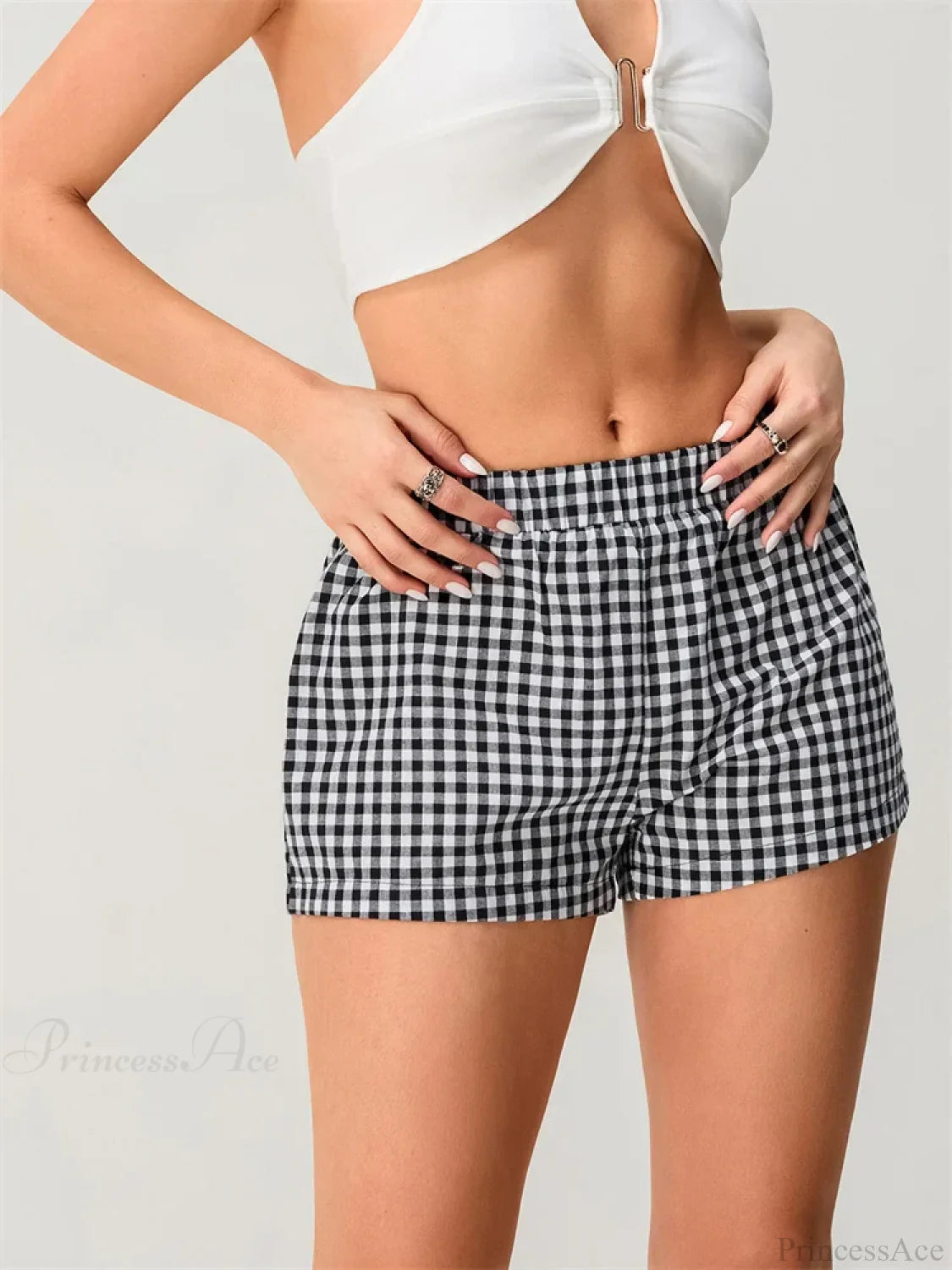 Plaid Elastic Waist Loose Short short-250223