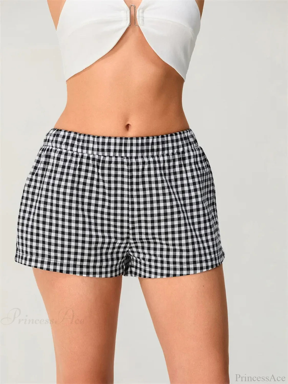 Plaid Elastic Waist Loose Short short-250223