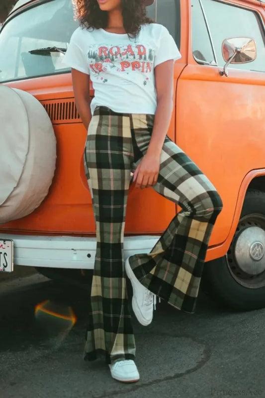 Plaid Flare Fashion Pants Green / S pant-250223