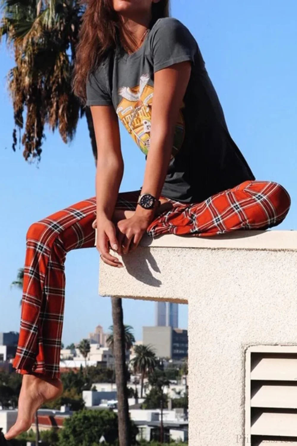 Plaid Flare Fashion Pants Red / S pant-250223