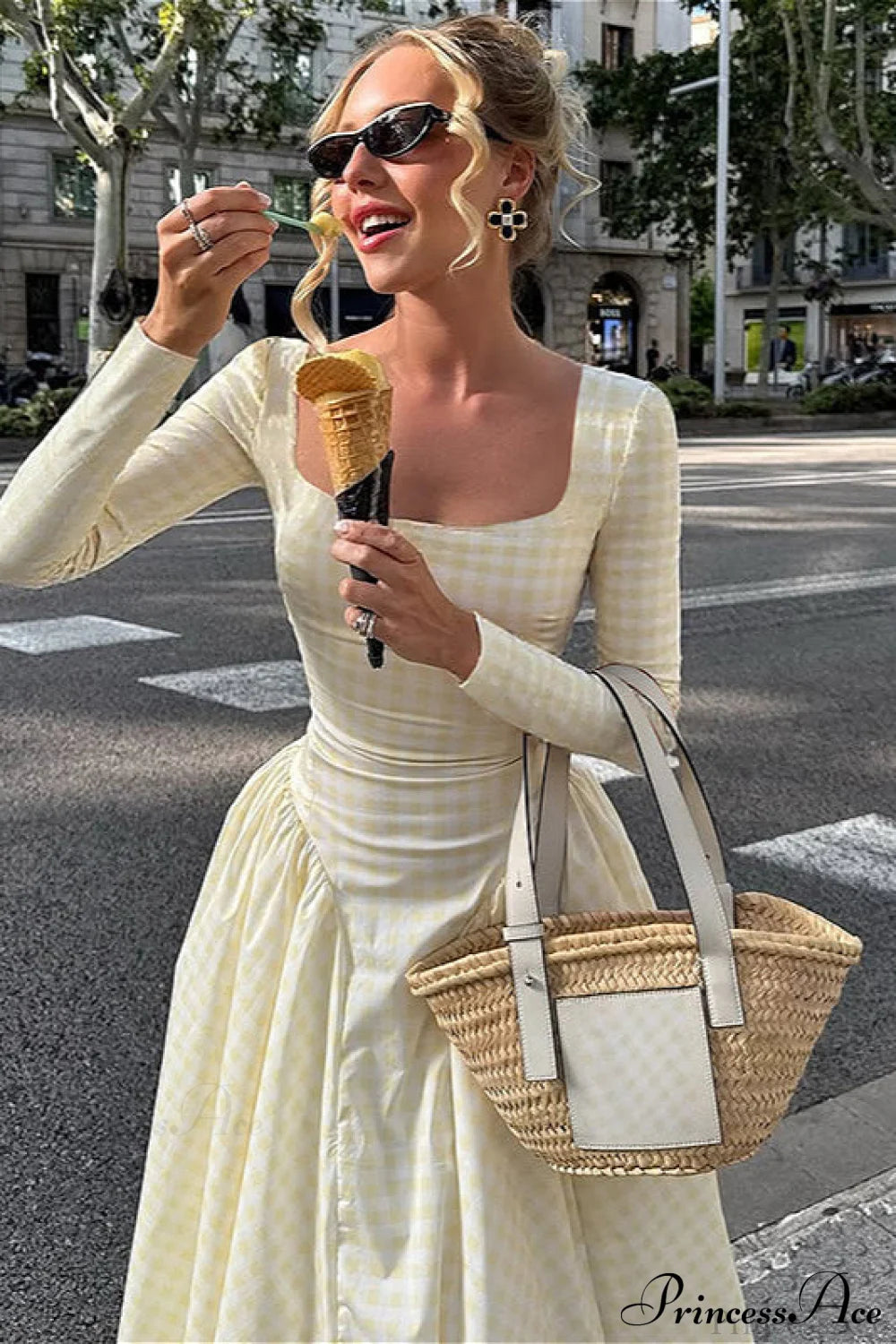 Plaid Flare Sleeve Waist Fitted Square Neck Maxi Dress