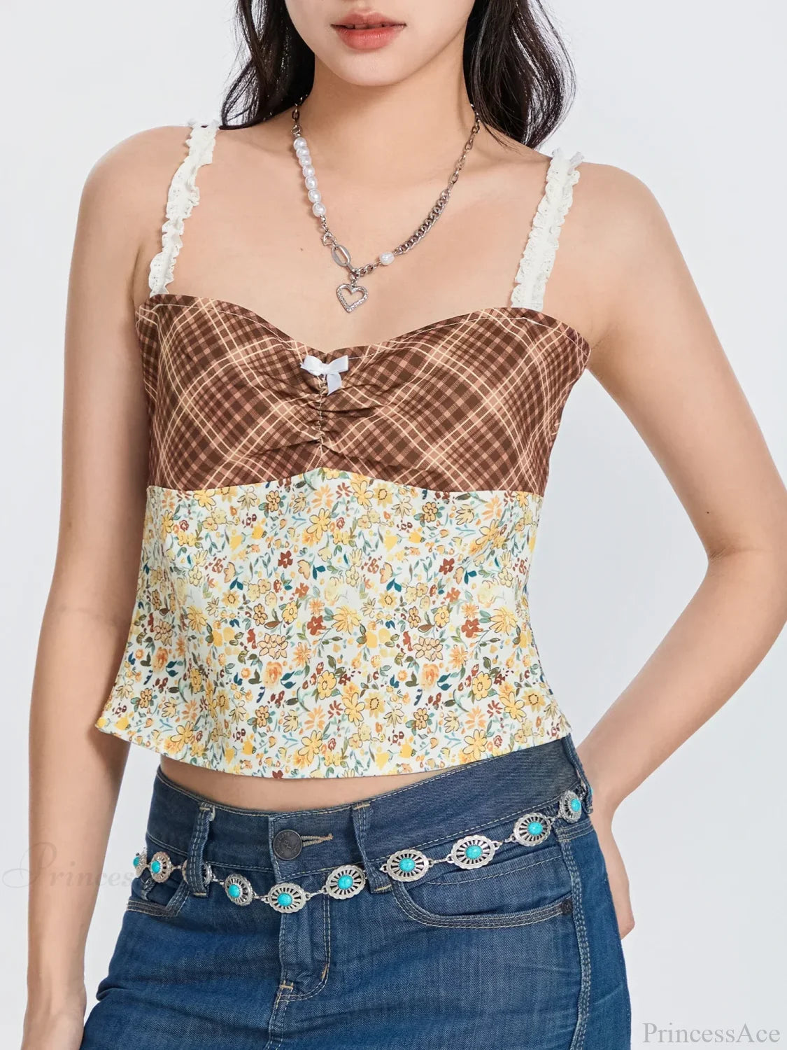 Plaid Floral Patchwork Bow Tie-up Backless Crop Top croptop-250126