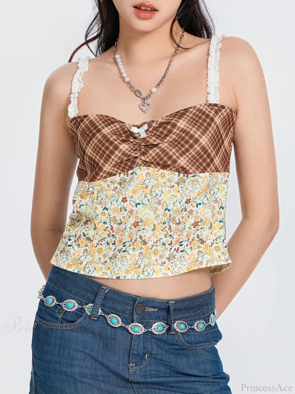 Plaid Floral Patchwork Bow Tie-up Backless Crop Top croptop-250126